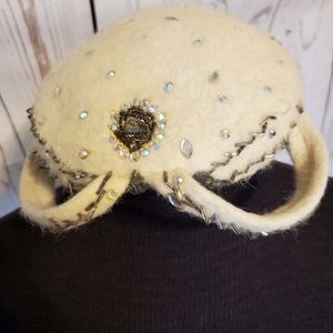 Patrice 1950s vintage cocktail hat cream wool with rhinestones and beads